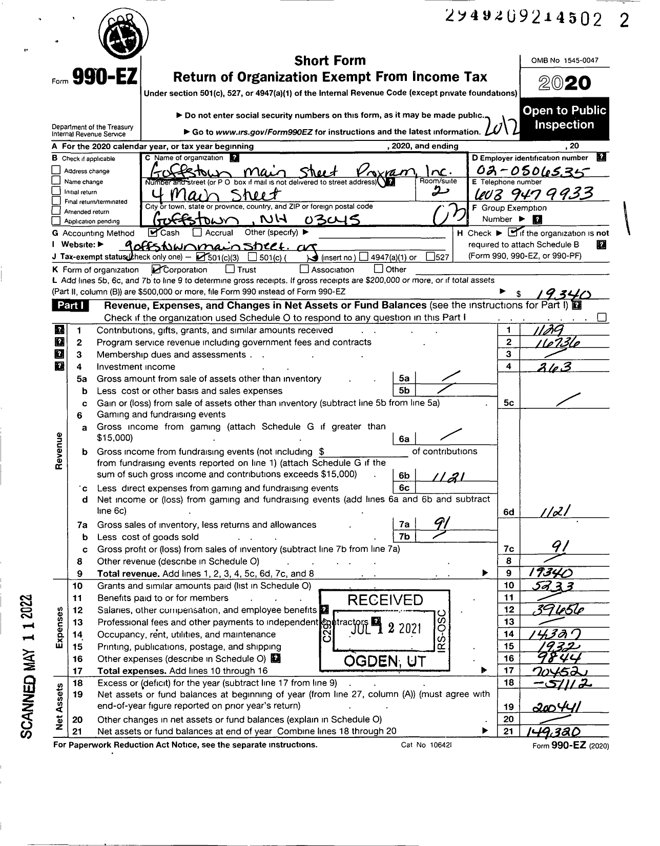 Image of first page of 2020 Form 990EZ for Goffstown Main Street Program
