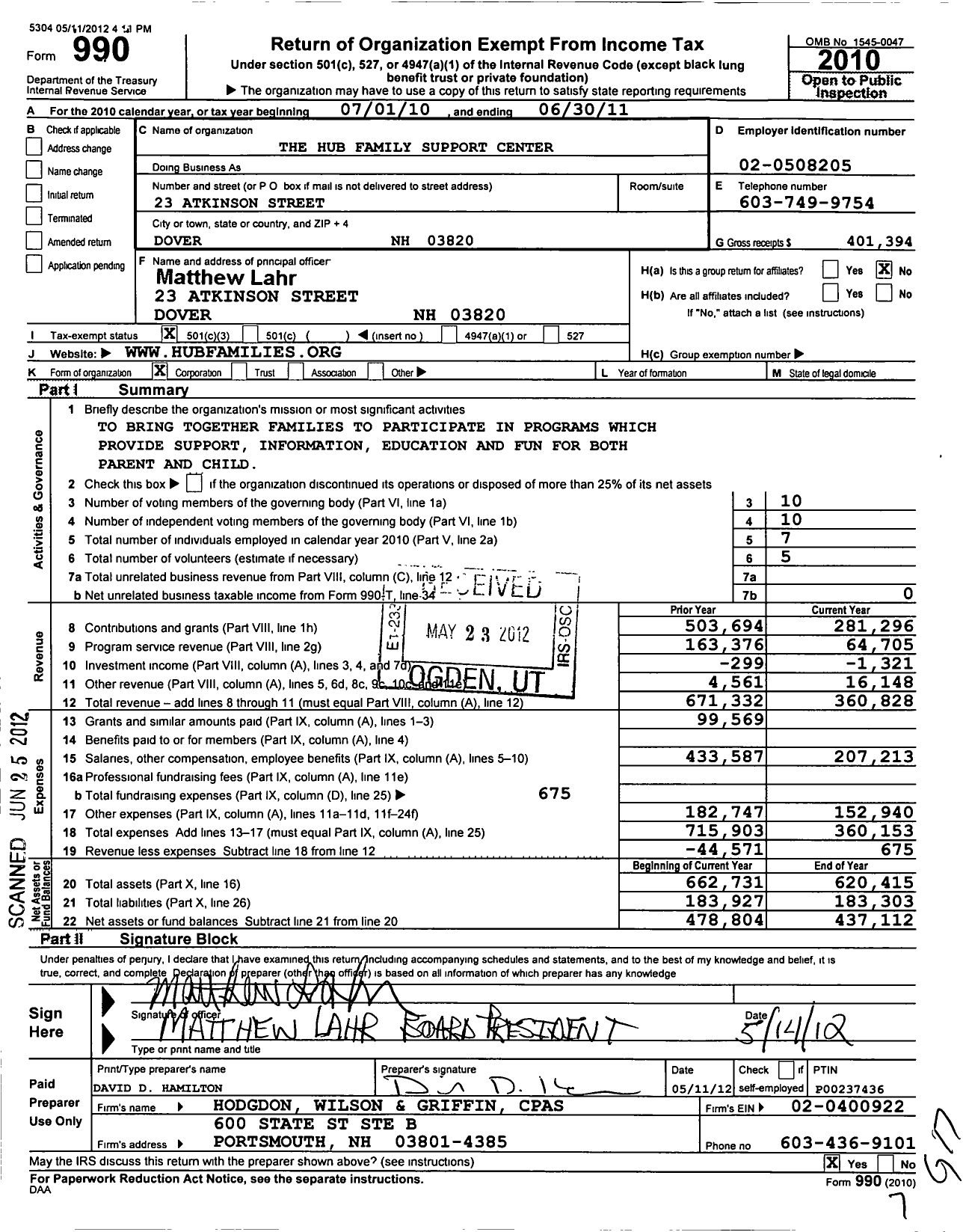 Image of first page of 2010 Form 990 for Hub Family Support Center