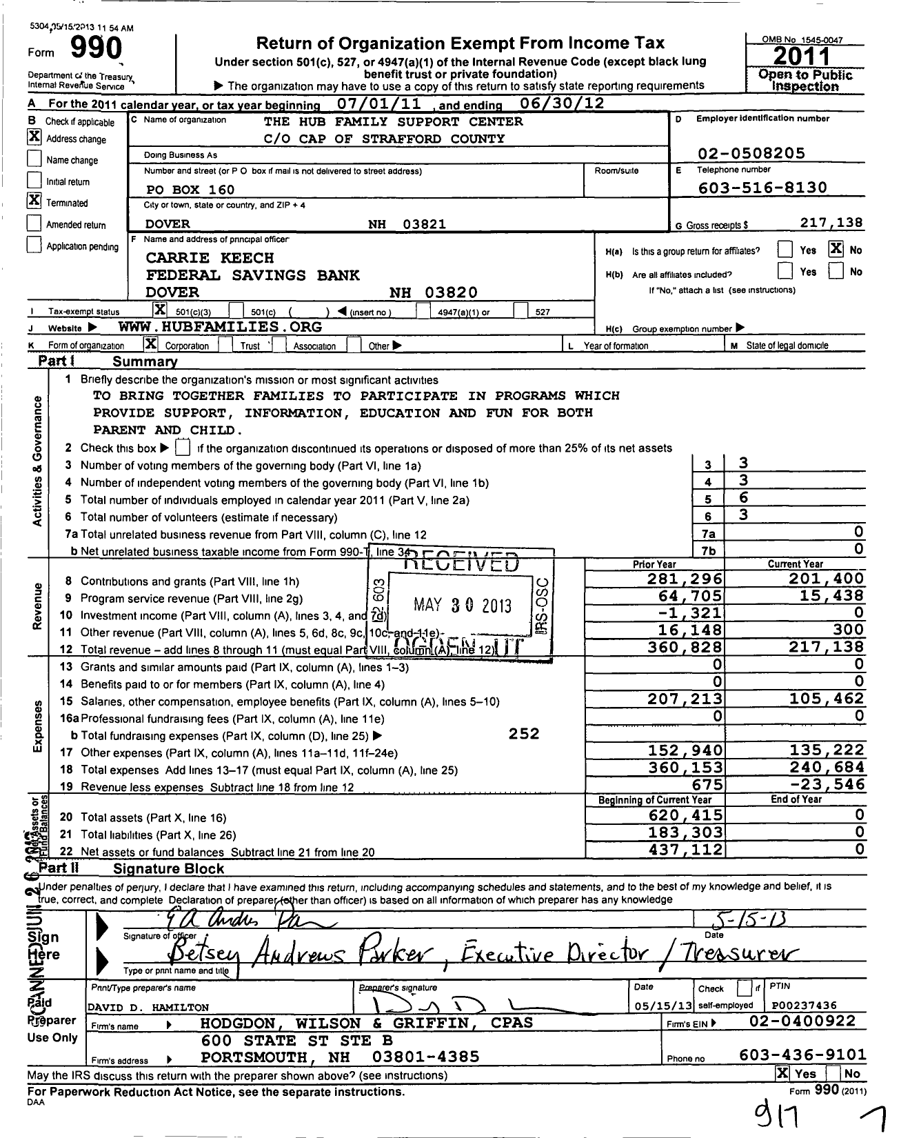 Image of first page of 2011 Form 990 for Hub Family Support Center