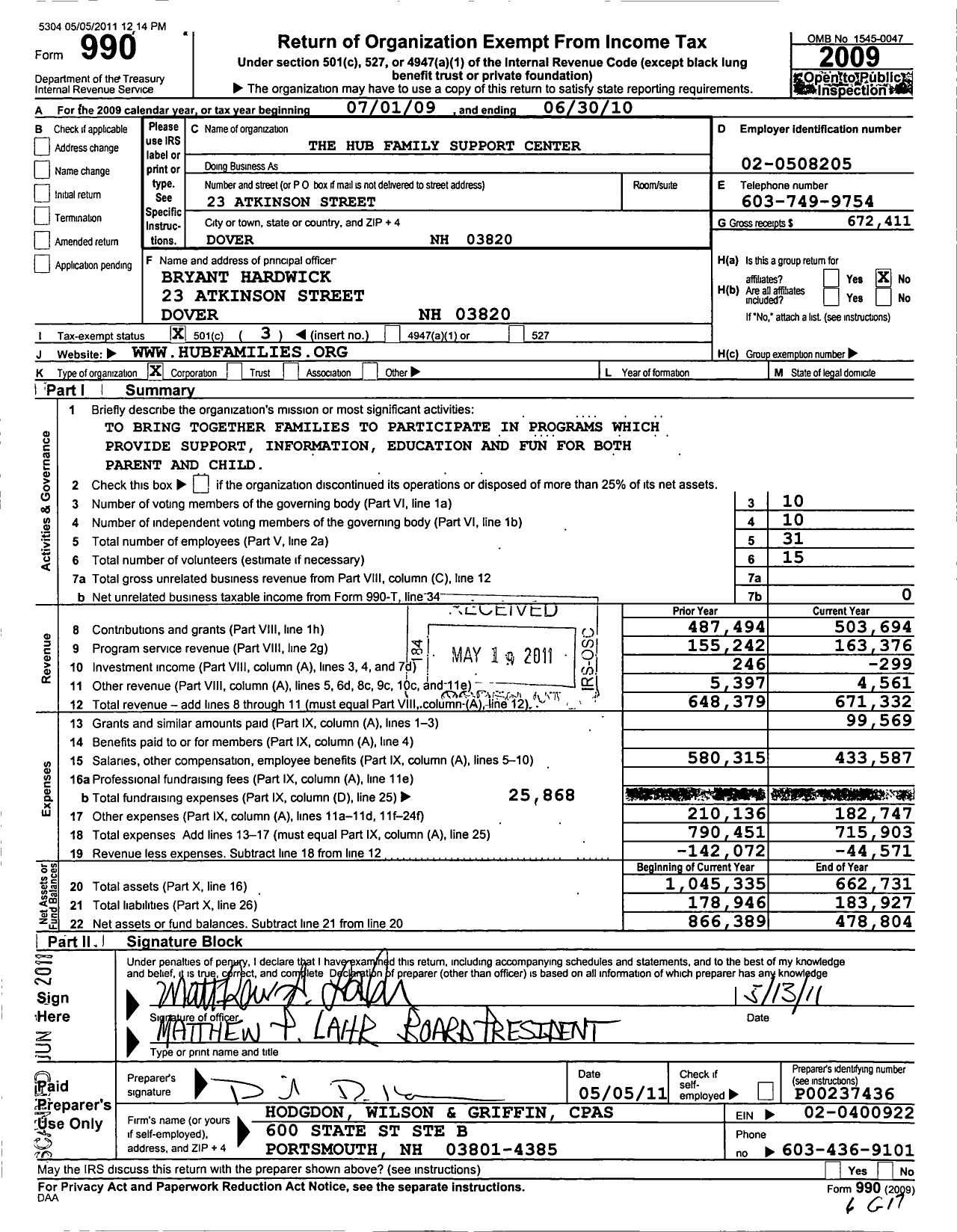 Image of first page of 2009 Form 990 for Hub Family Support Center