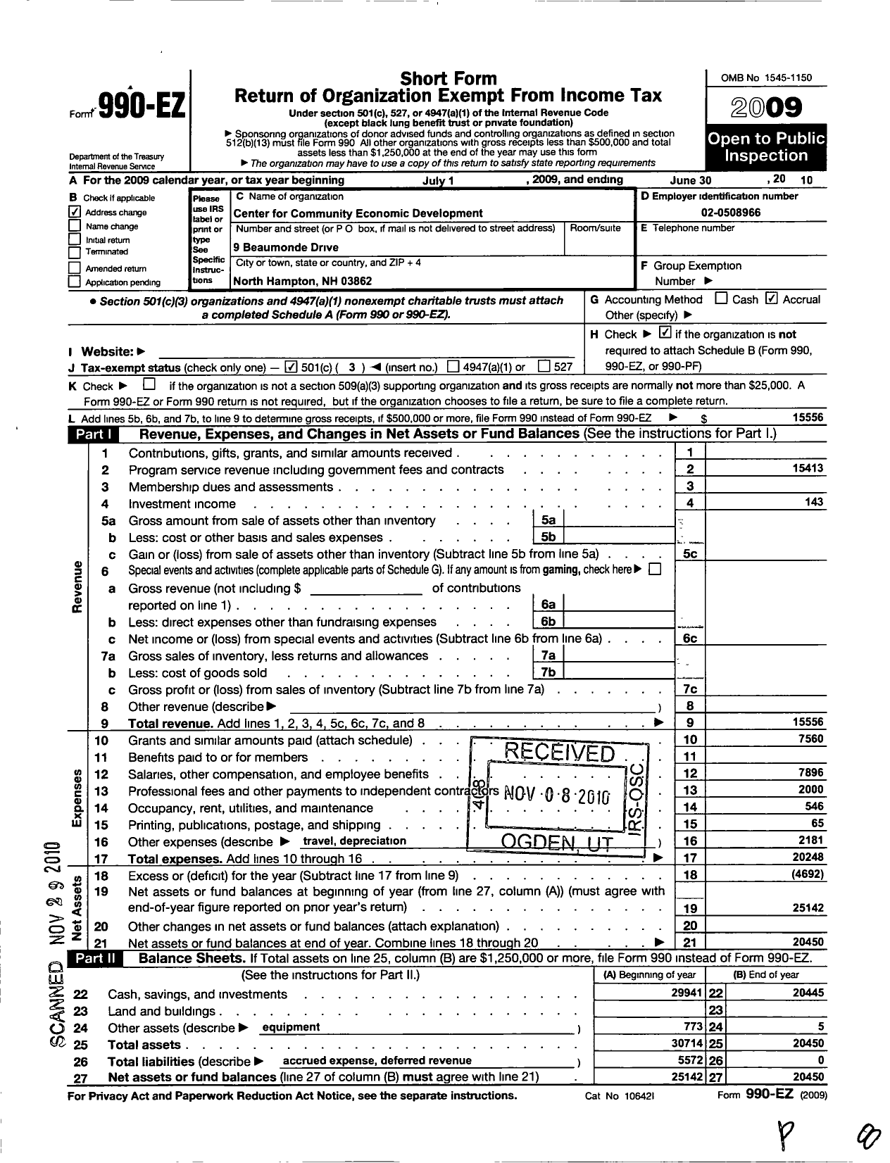 Image of first page of 2009 Form 990EZ for Center for Community Economic Development
