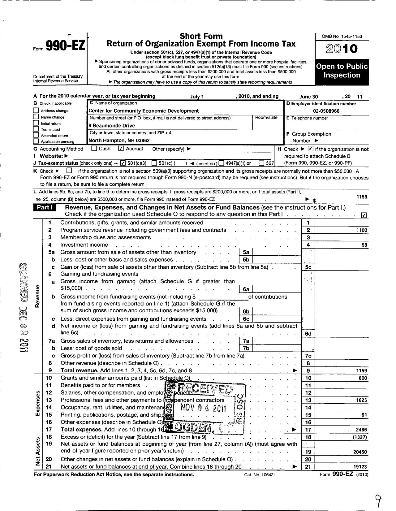Image of first page of 2010 Form 990EZ for Center for Community Economic Development