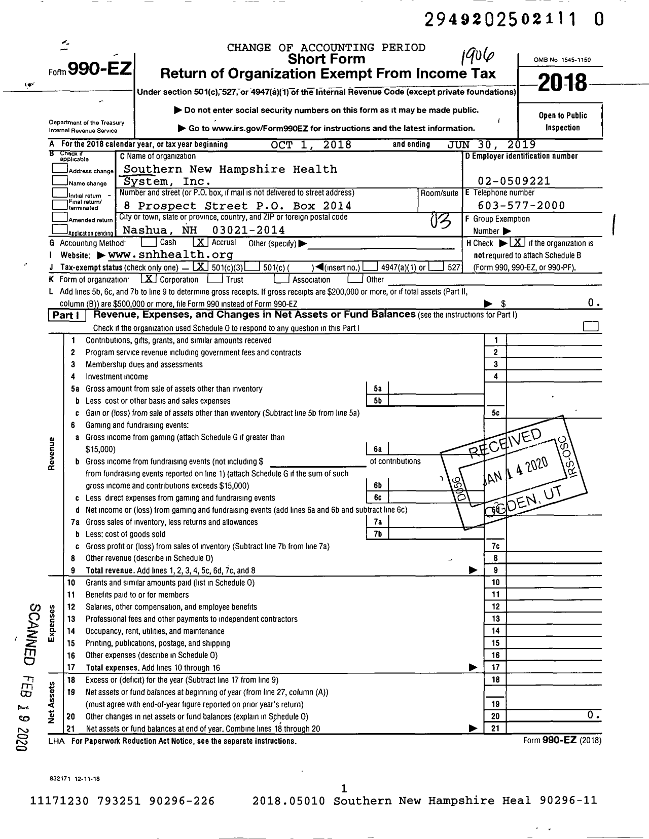 Image of first page of 2018 Form 990EZ for Southern New Hampshire Health System