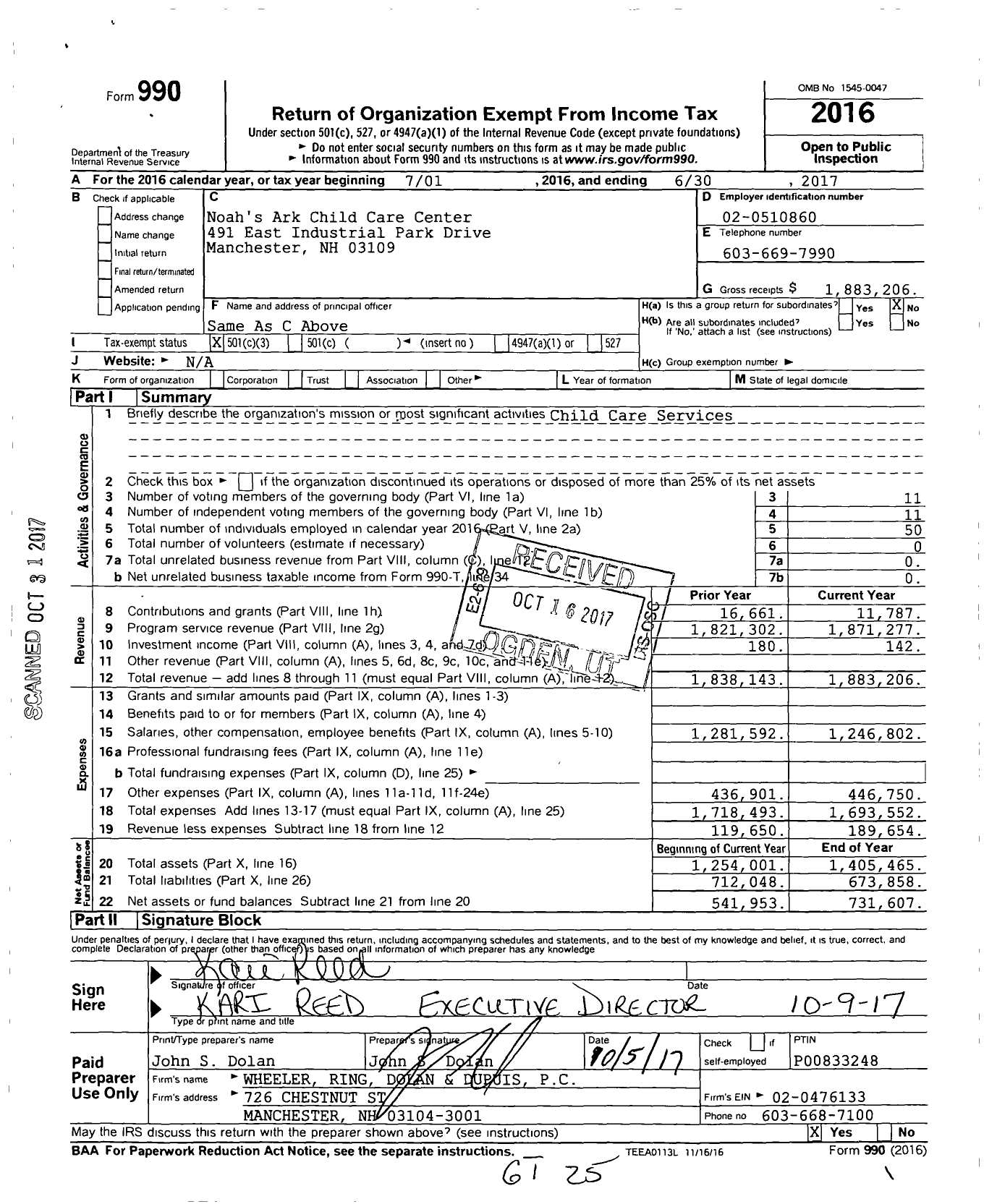 Image of first page of 2016 Form 990 for Noah's Ark Child Care Center