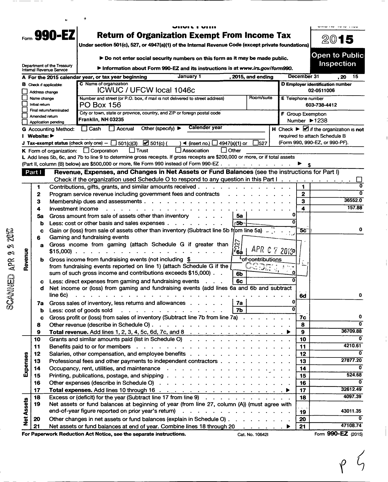 Image of first page of 2015 Form 990EO for United Food & Commercial Workers Union - 1046c Local