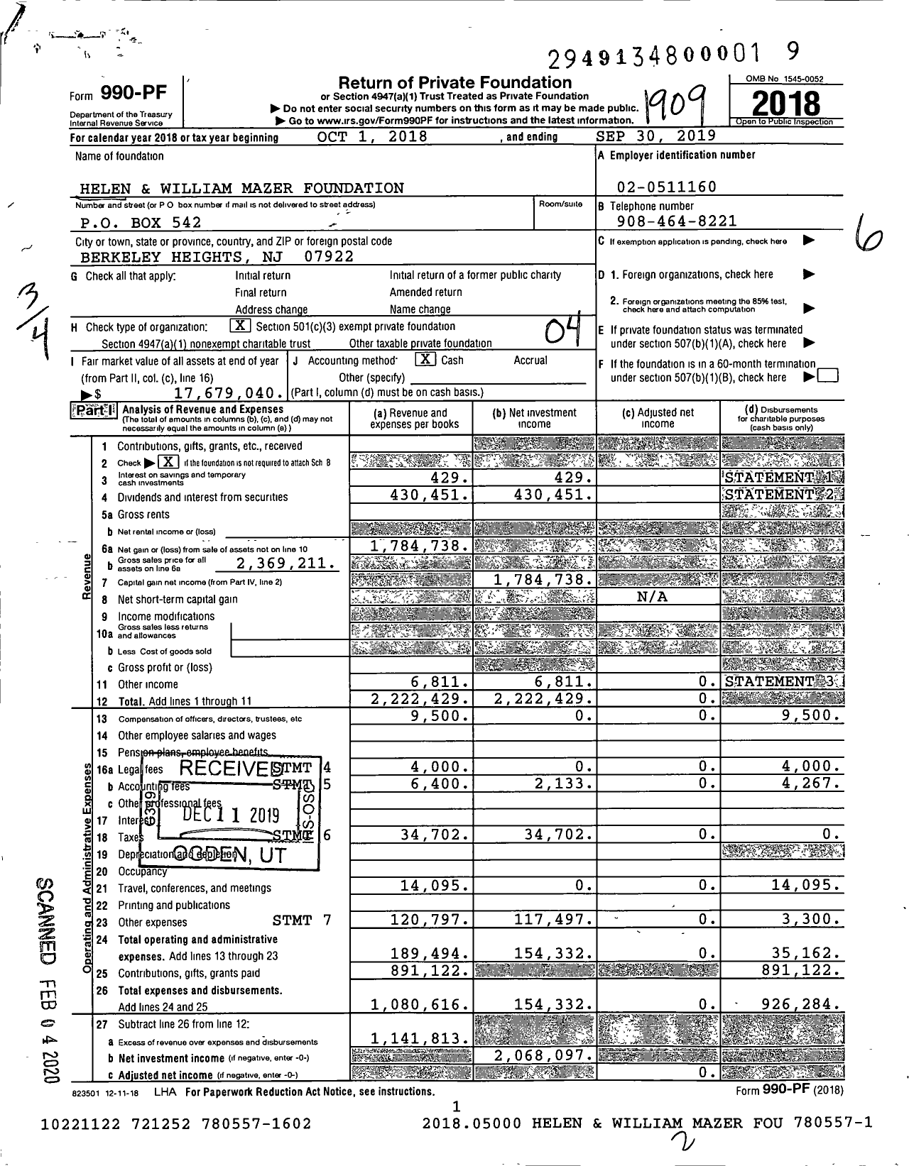 Image of first page of 2018 Form 990PF for Helen and William Mazer Foundation