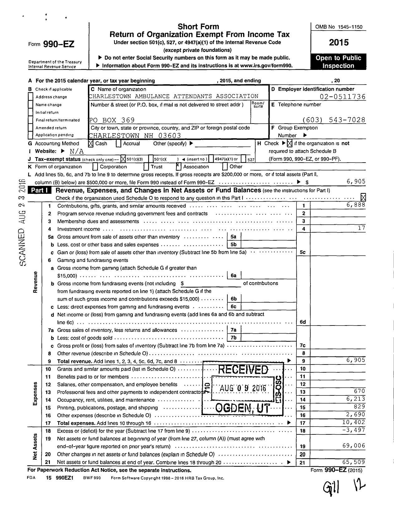 Image of first page of 2015 Form 990EZ for Charlestown Ambulance Attendants Association