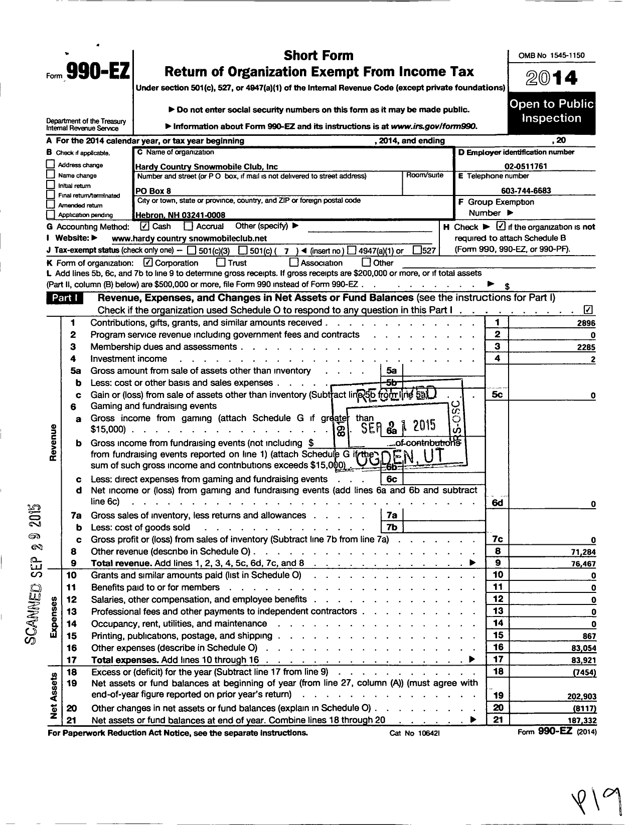 Image of first page of 2014 Form 990EO for Hardy Country Snowmobile Club