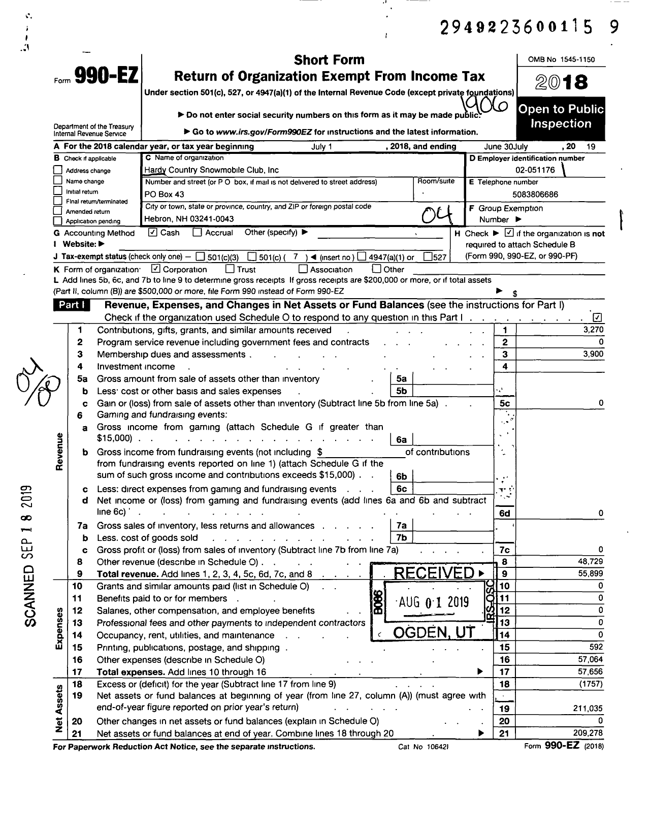 Image of first page of 2018 Form 990EO for Hardy Country Snowmobile Club