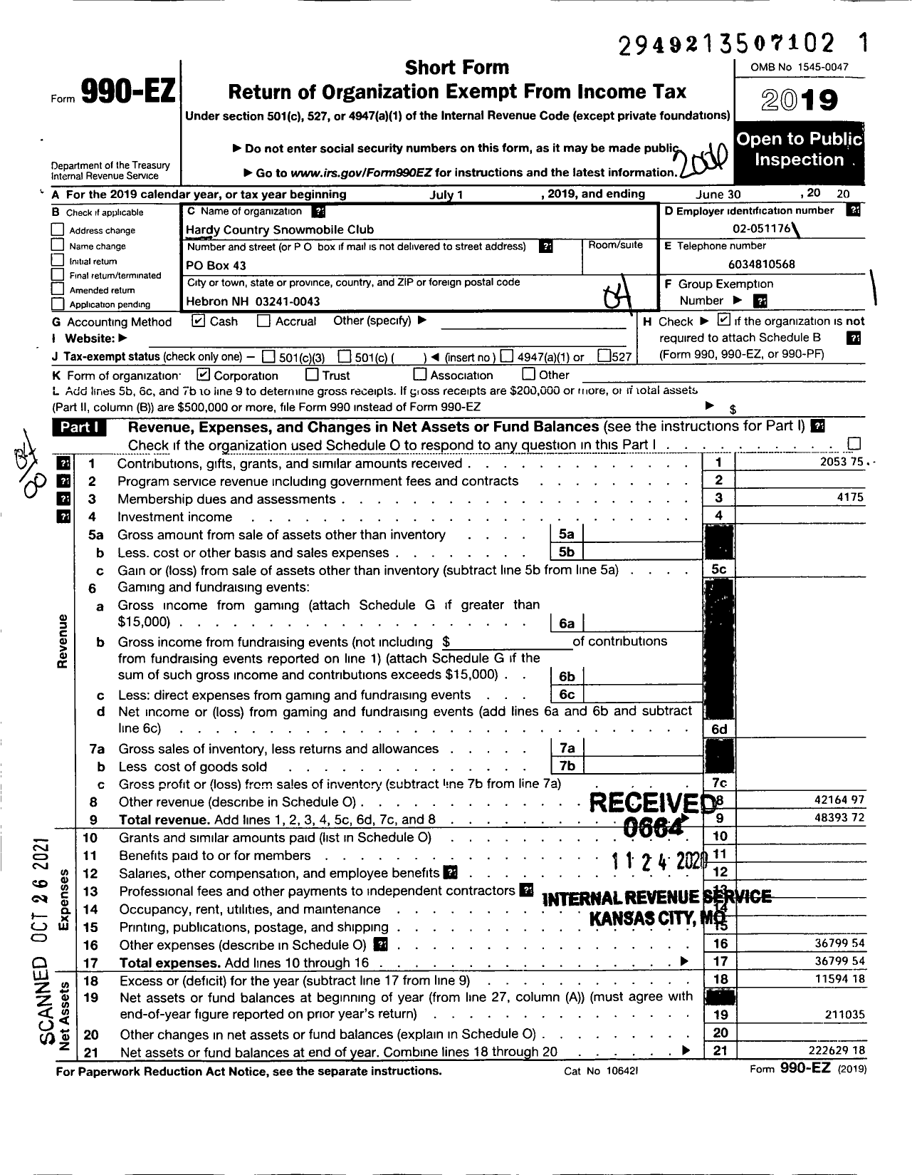 Image of first page of 2019 Form 990EO for Hardy Country Snowmobile Club