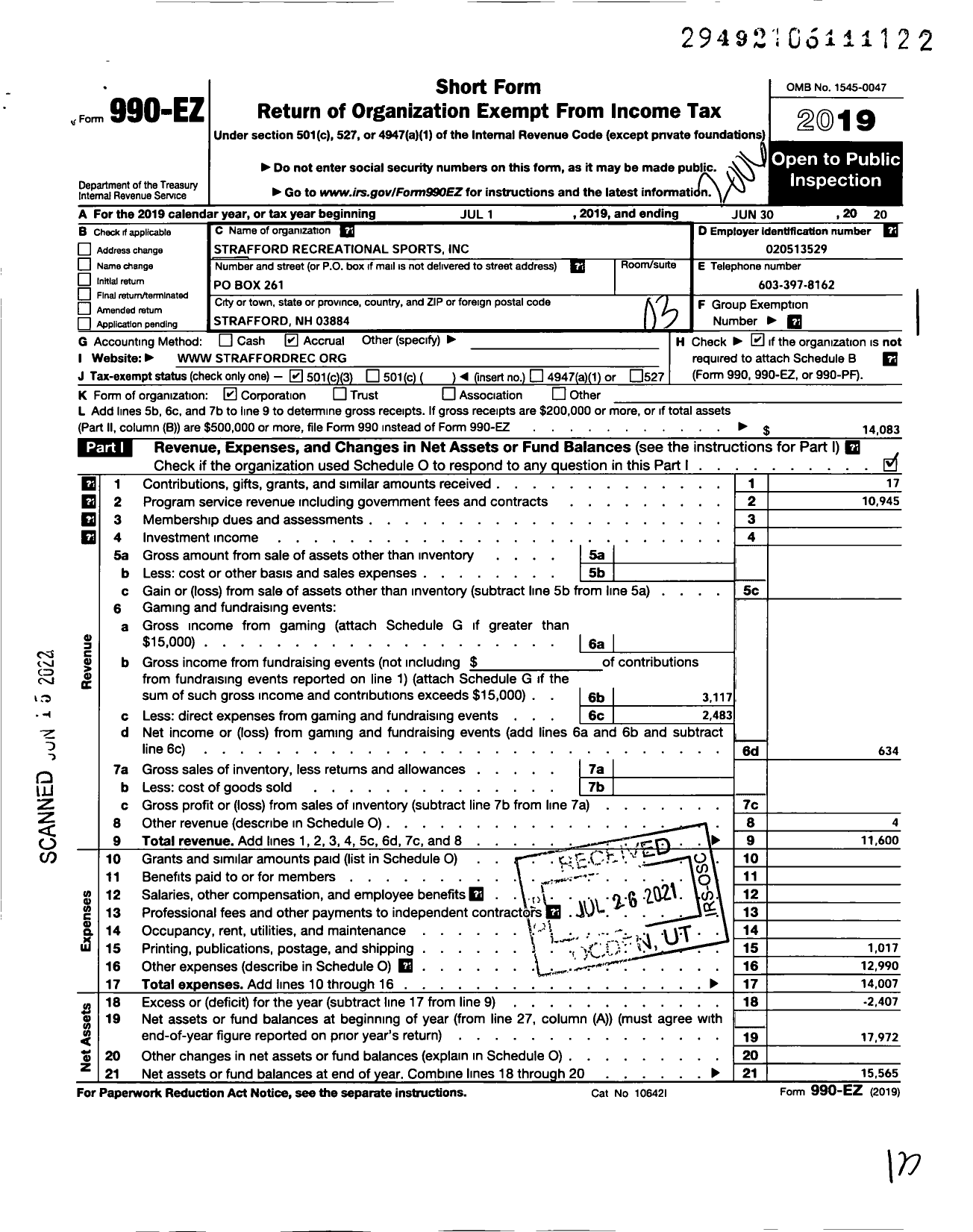 Image of first page of 2019 Form 990EZ for Strafford Recreational Sports