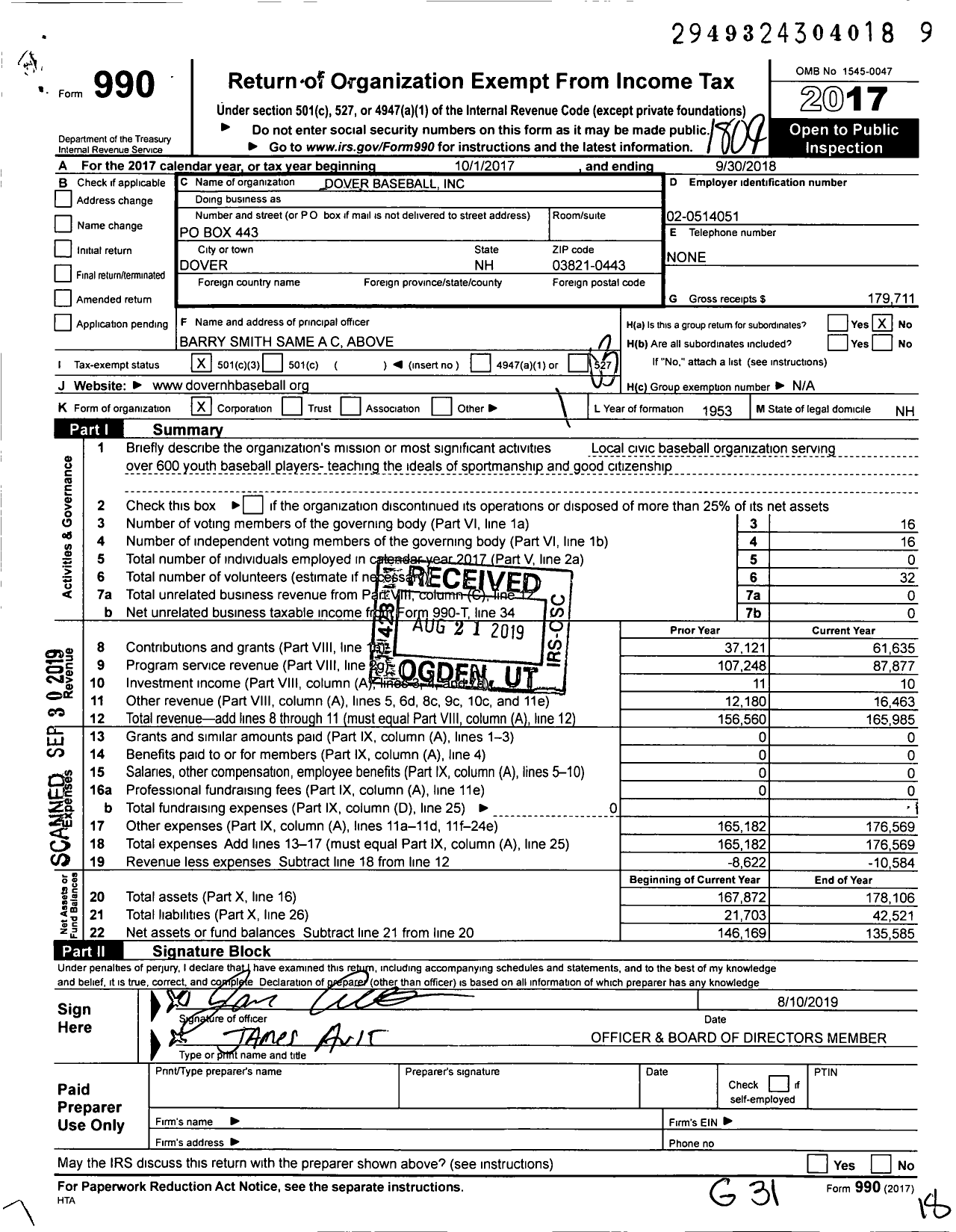 Image of first page of 2017 Form 990 for Dover Baseball
