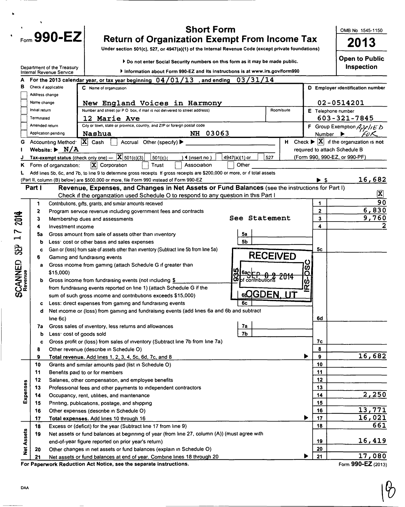 Image of first page of 2013 Form 990EZ for Harmony / New England Voices in Harmony