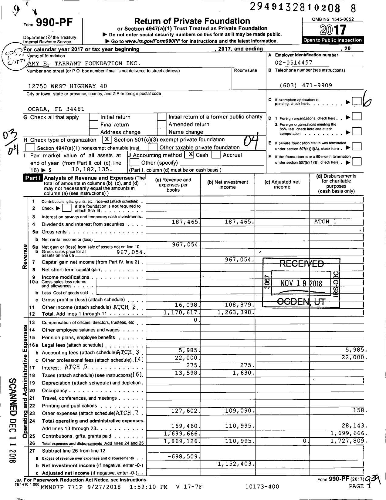 Image of first page of 2017 Form 990PF for Amy E Tarrant Foundation