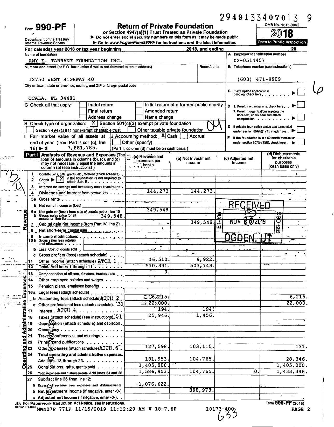 Image of first page of 2018 Form 990PF for Amy E Tarrant Foundation