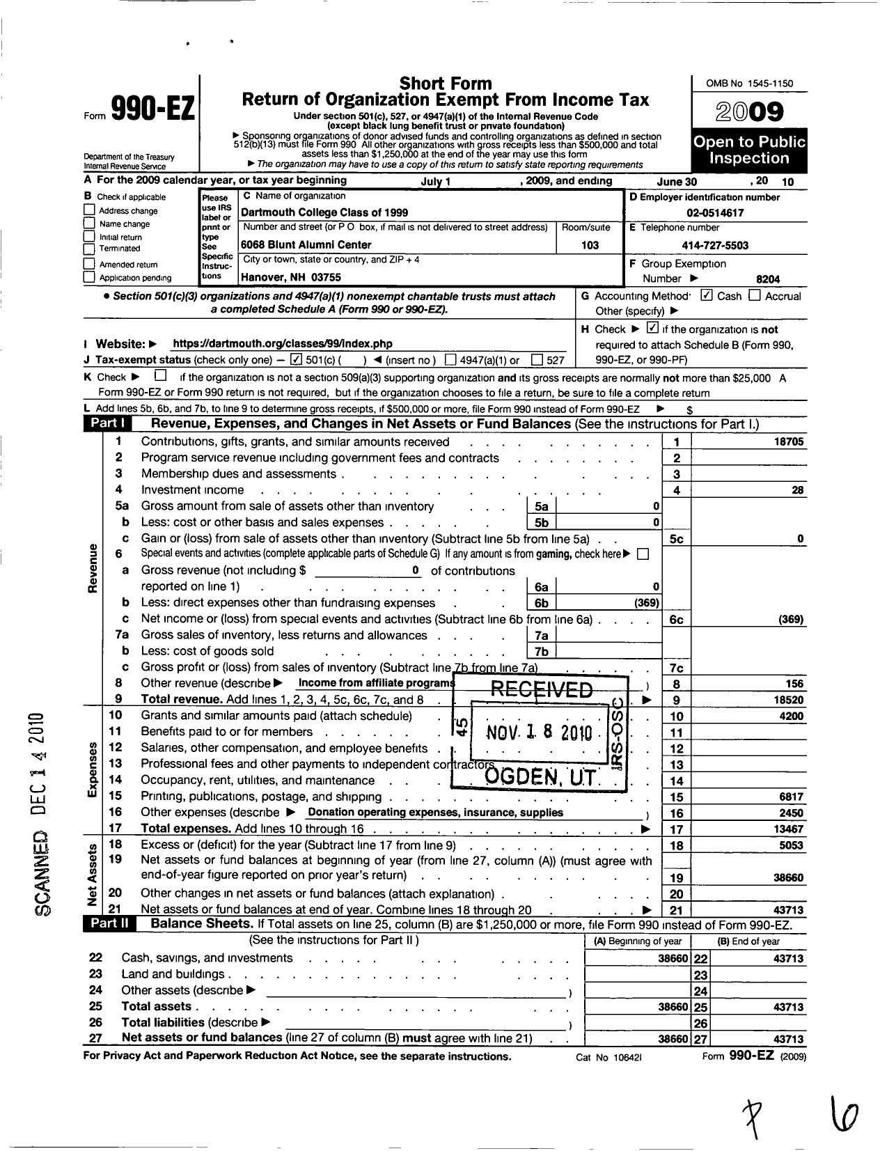 Image of first page of 2009 Form 990EO for Trustees of Dartmouth College - 1999 Dartmouth College Class of