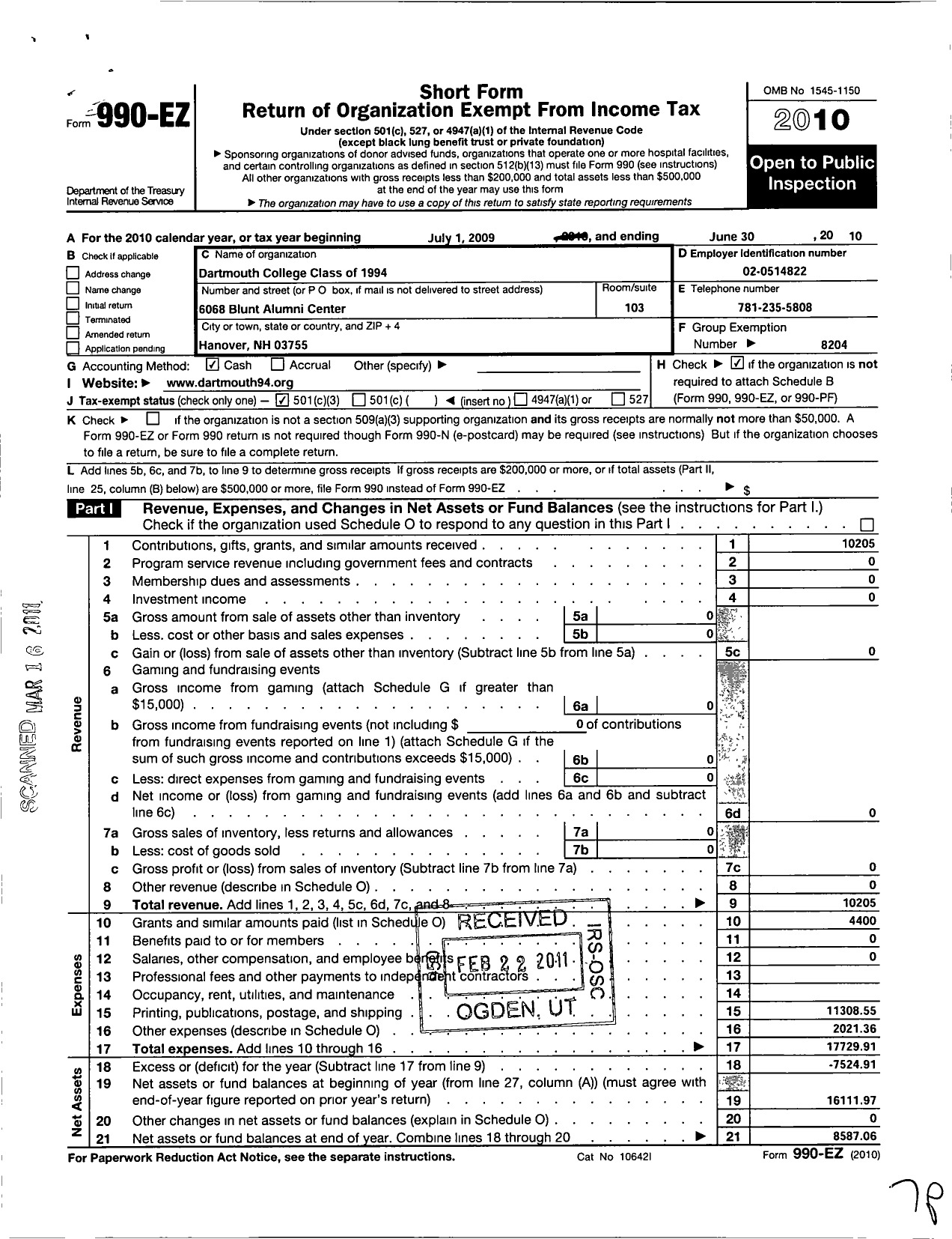 Image of first page of 2009 Form 990EZ for Trustees of Dartmouth College - 1994 Dartmouth Class of