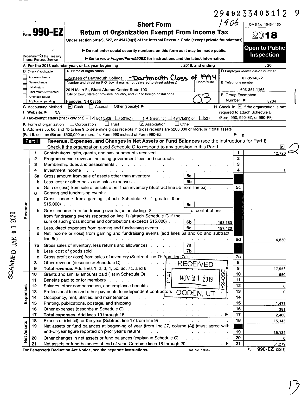 Image of first page of 2018 Form 990EZ for Trustees of Dartmouth College - 1994 Dartmouth Class of