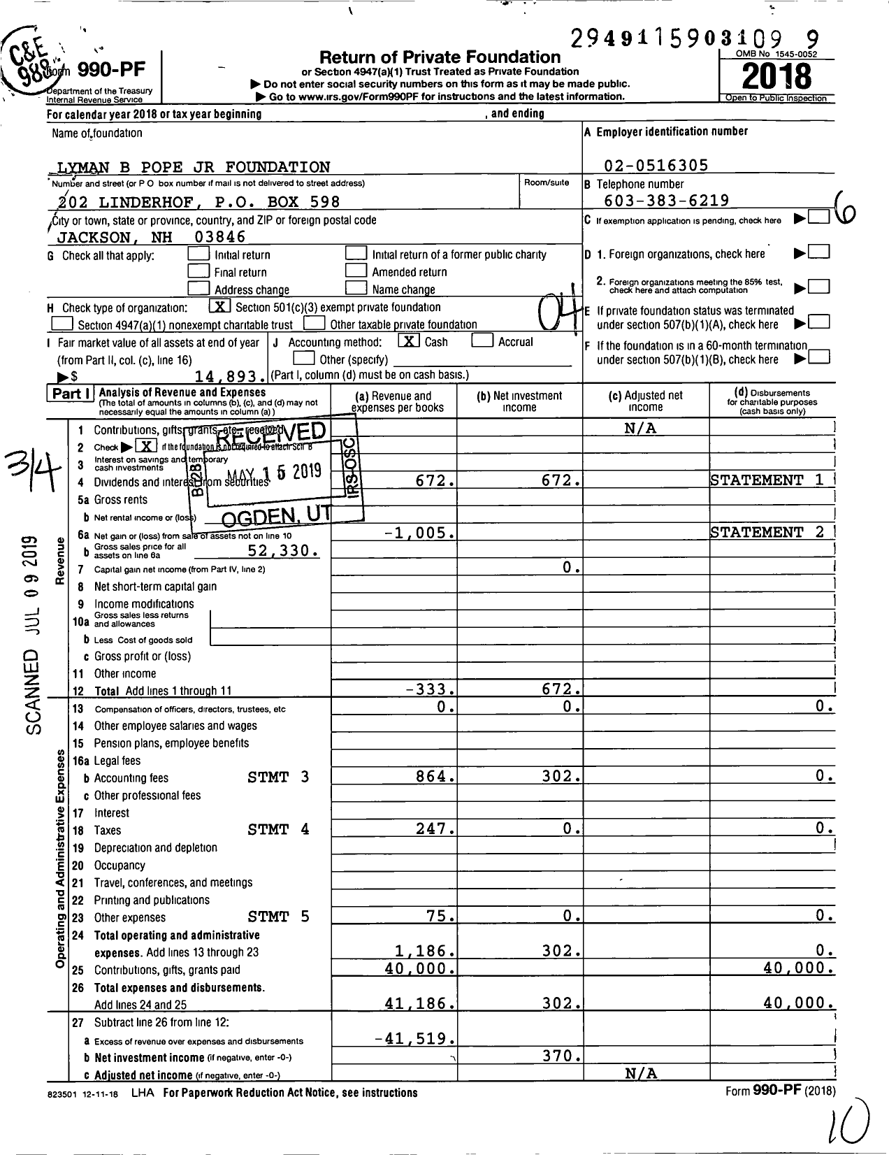 Image of first page of 2018 Form 990PF for Lyman B Pope JR Foundation