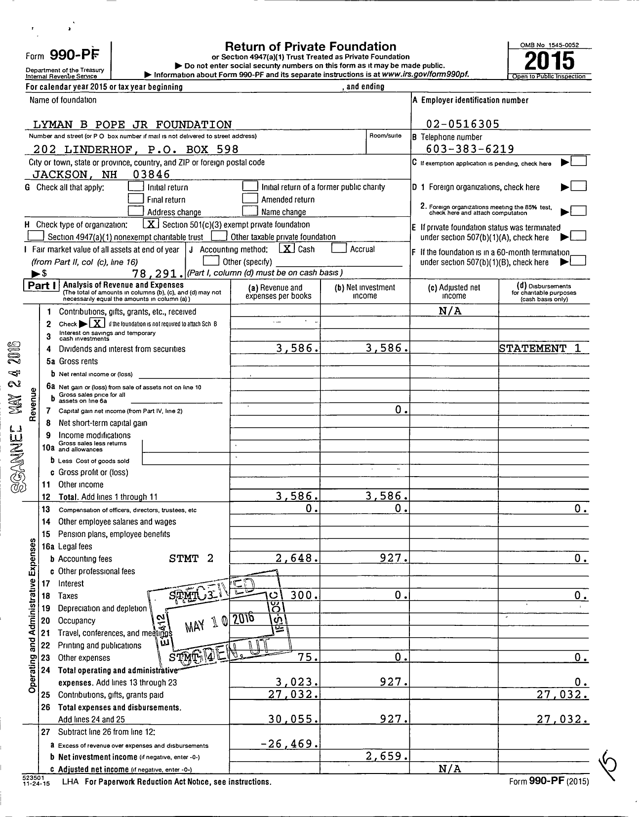 Image of first page of 2015 Form 990PF for Lyman B Pope JR Foundation