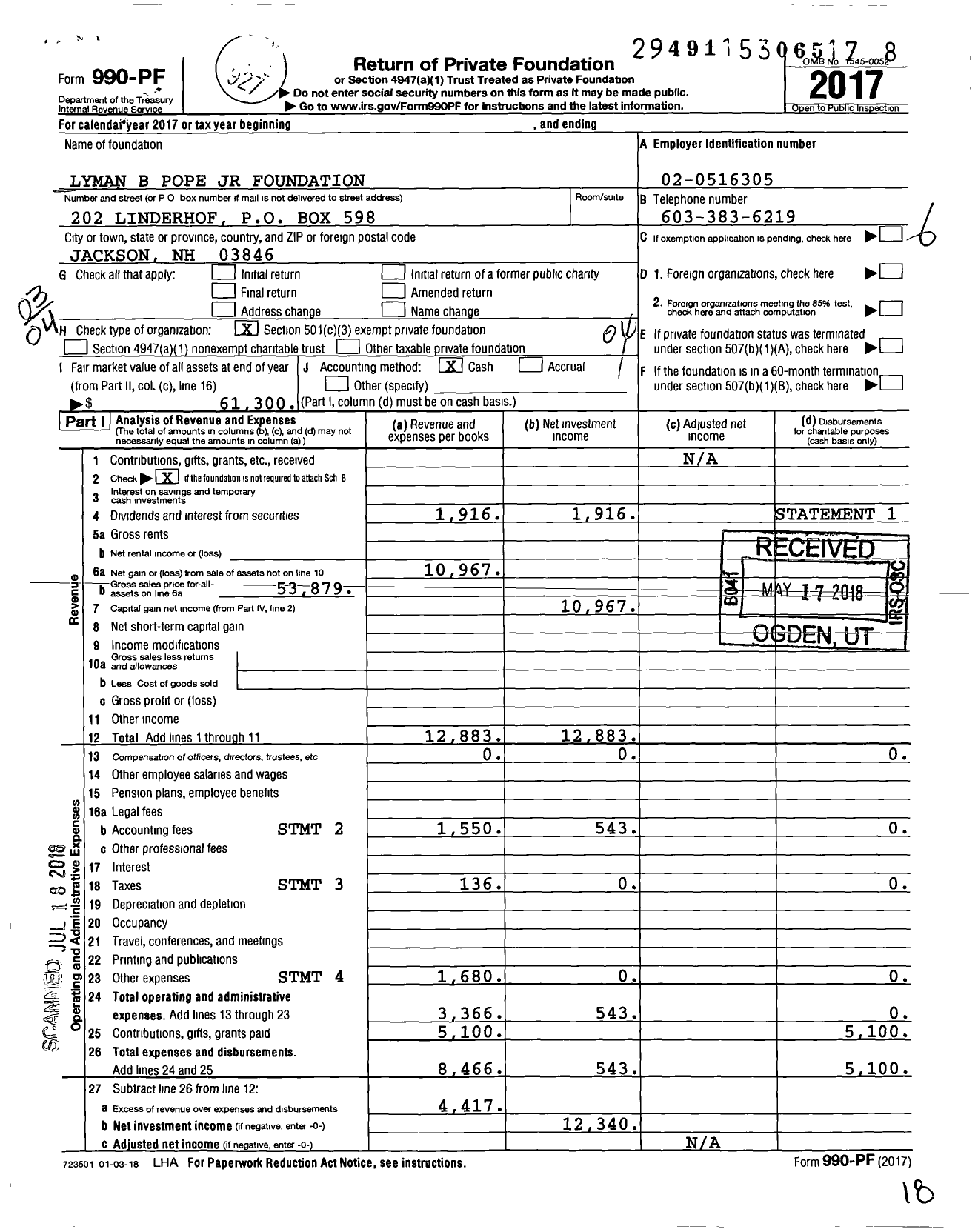 Image of first page of 2017 Form 990PF for Lyman B Pope JR Foundation