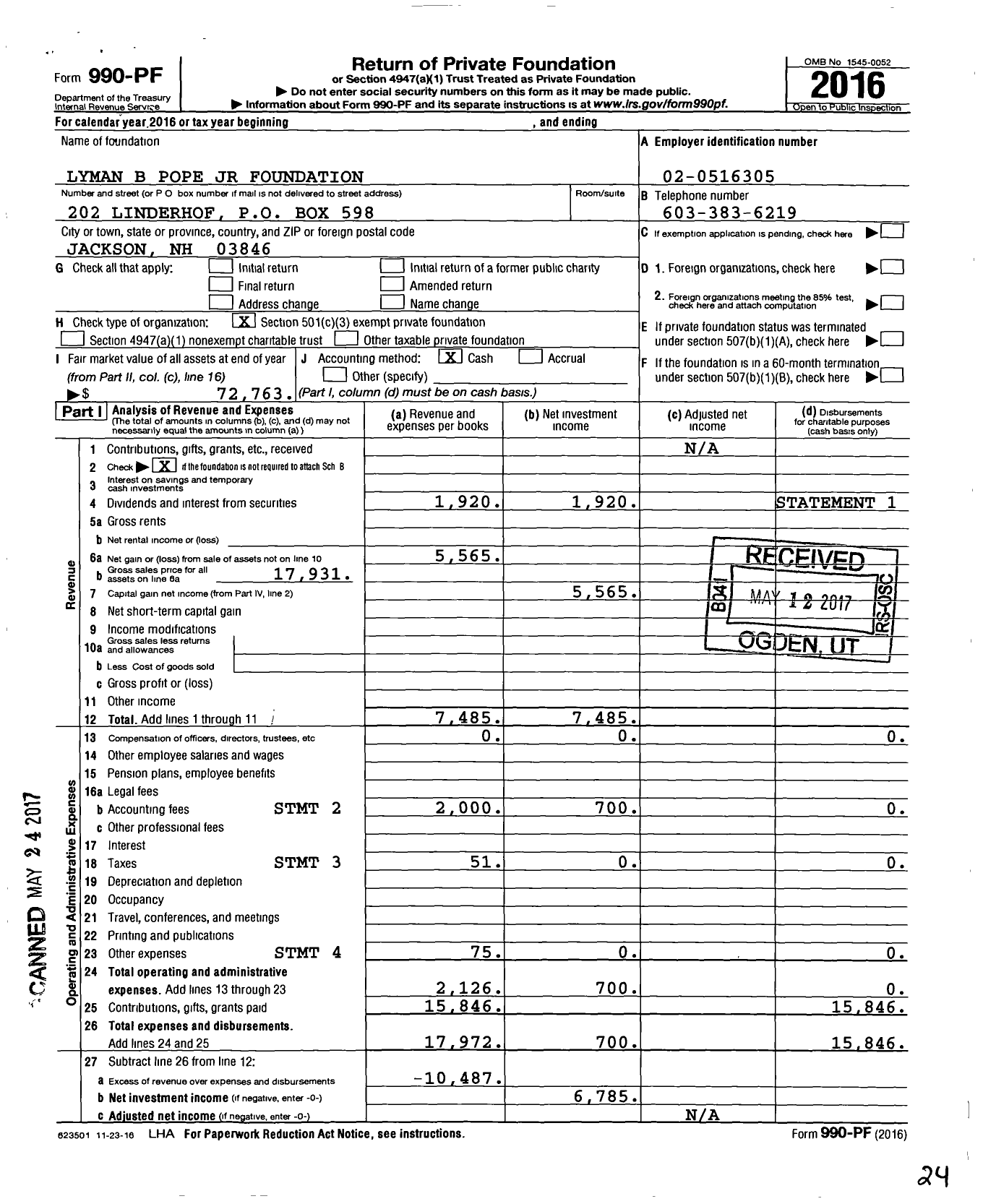 Image of first page of 2016 Form 990PF for Lyman B Pope JR Foundation