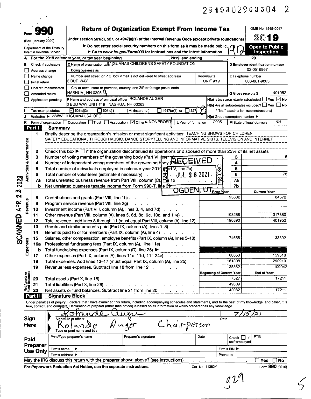 Image of first page of 2019 Form 990 for Lil Iguanas Childrens Safety Found
