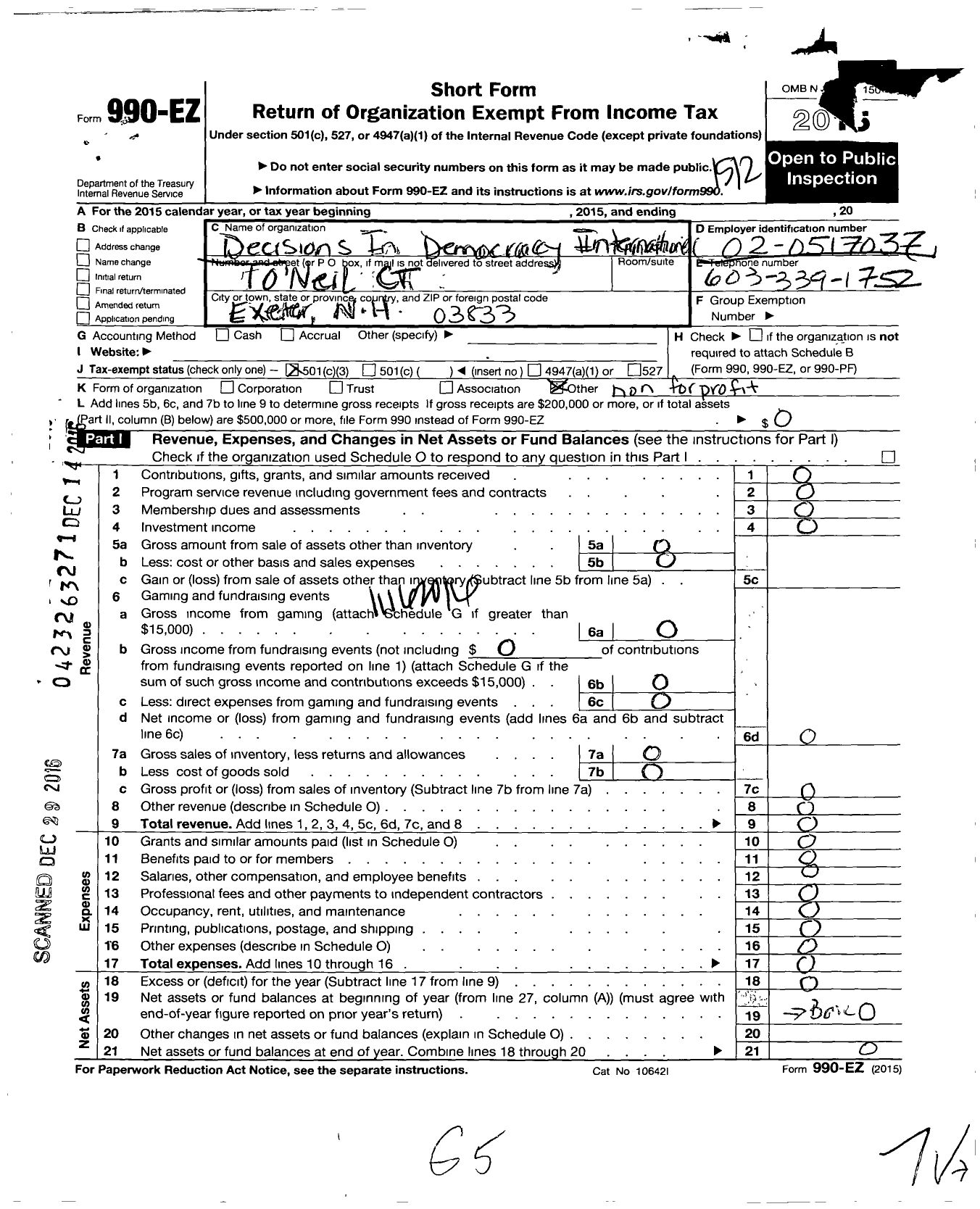 Image of first page of 2015 Form 990EZ for Decisions in Democracy International