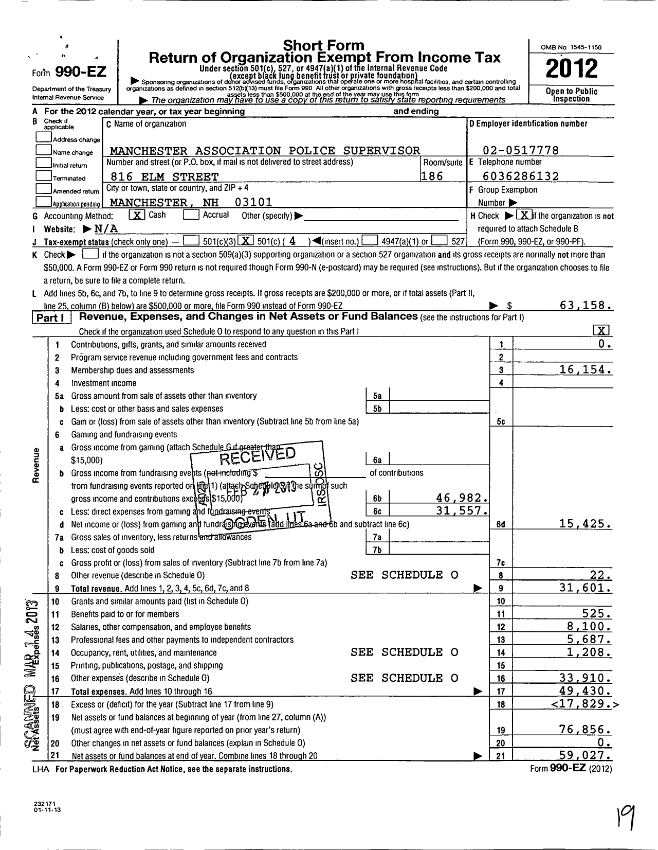 Image of first page of 2012 Form 990EO for Manchester Association Police Supervisor