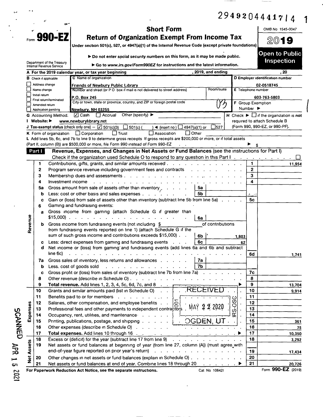 Image of first page of 2019 Form 990EZ for Friends of Newbury Public Library