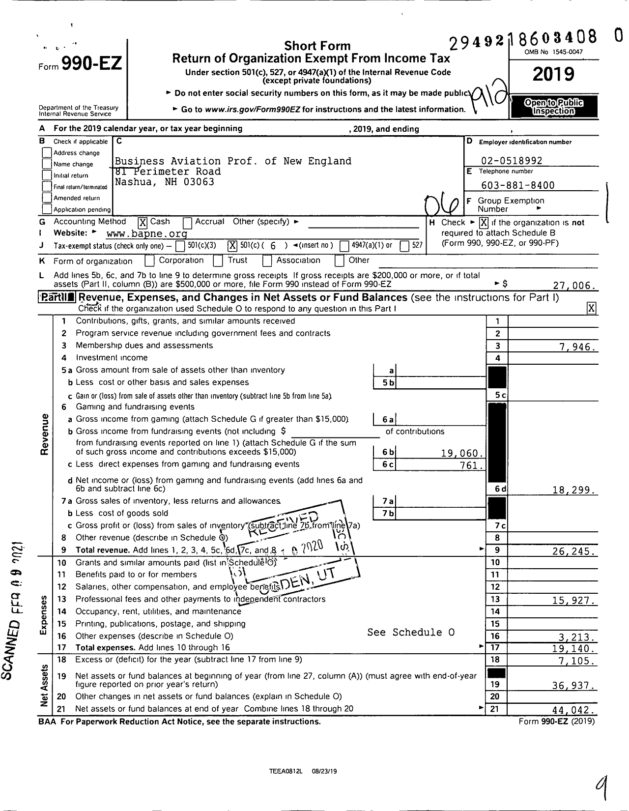 Image of first page of 2019 Form 990EO for Business Aviation Prof of New England