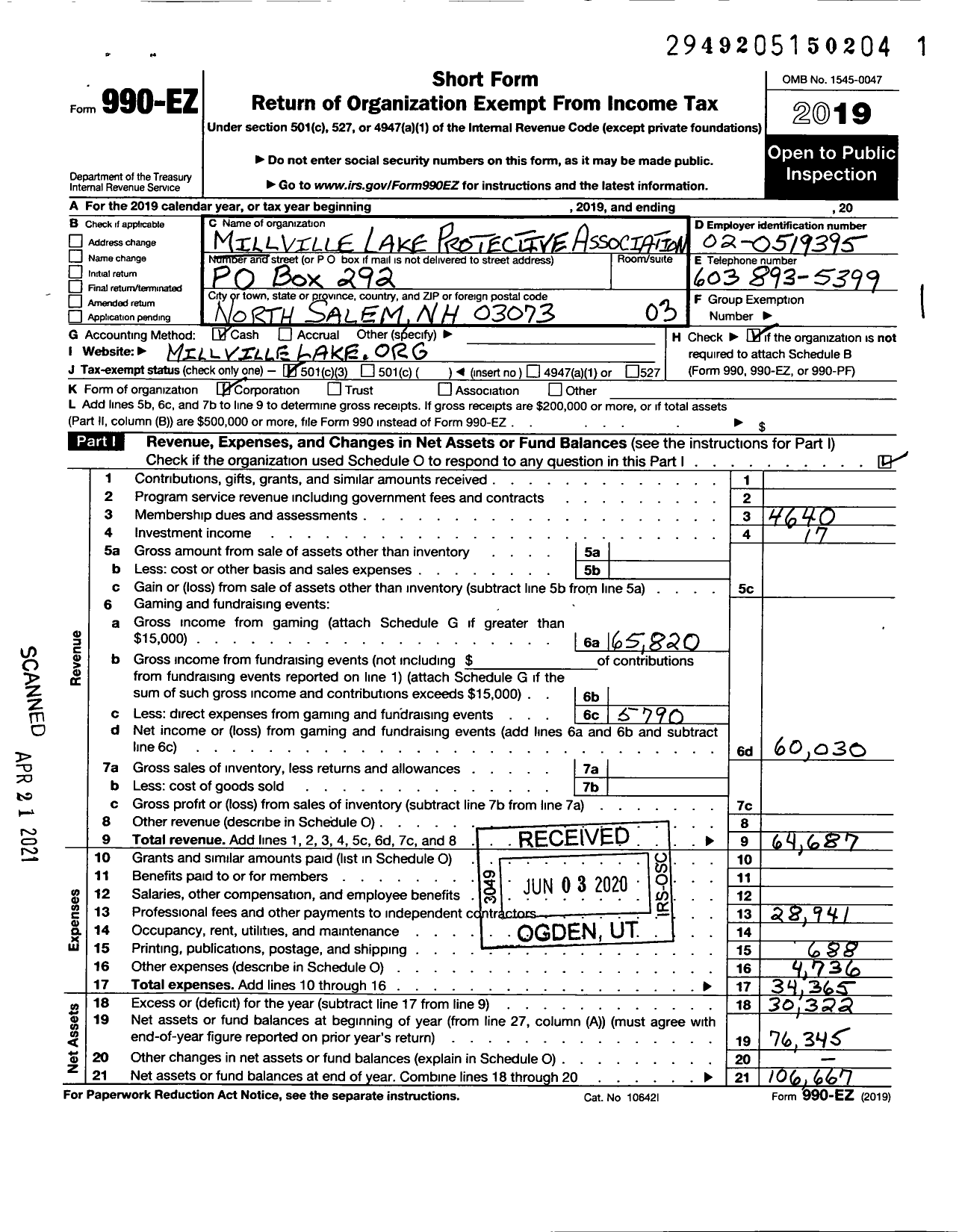 Image of first page of 2019 Form 990EZ for Millville Lake Protective Association