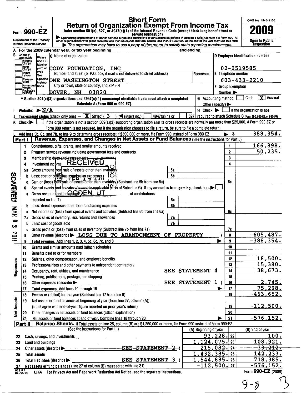 Image of first page of 2009 Form 990EZ for Cody Foundation