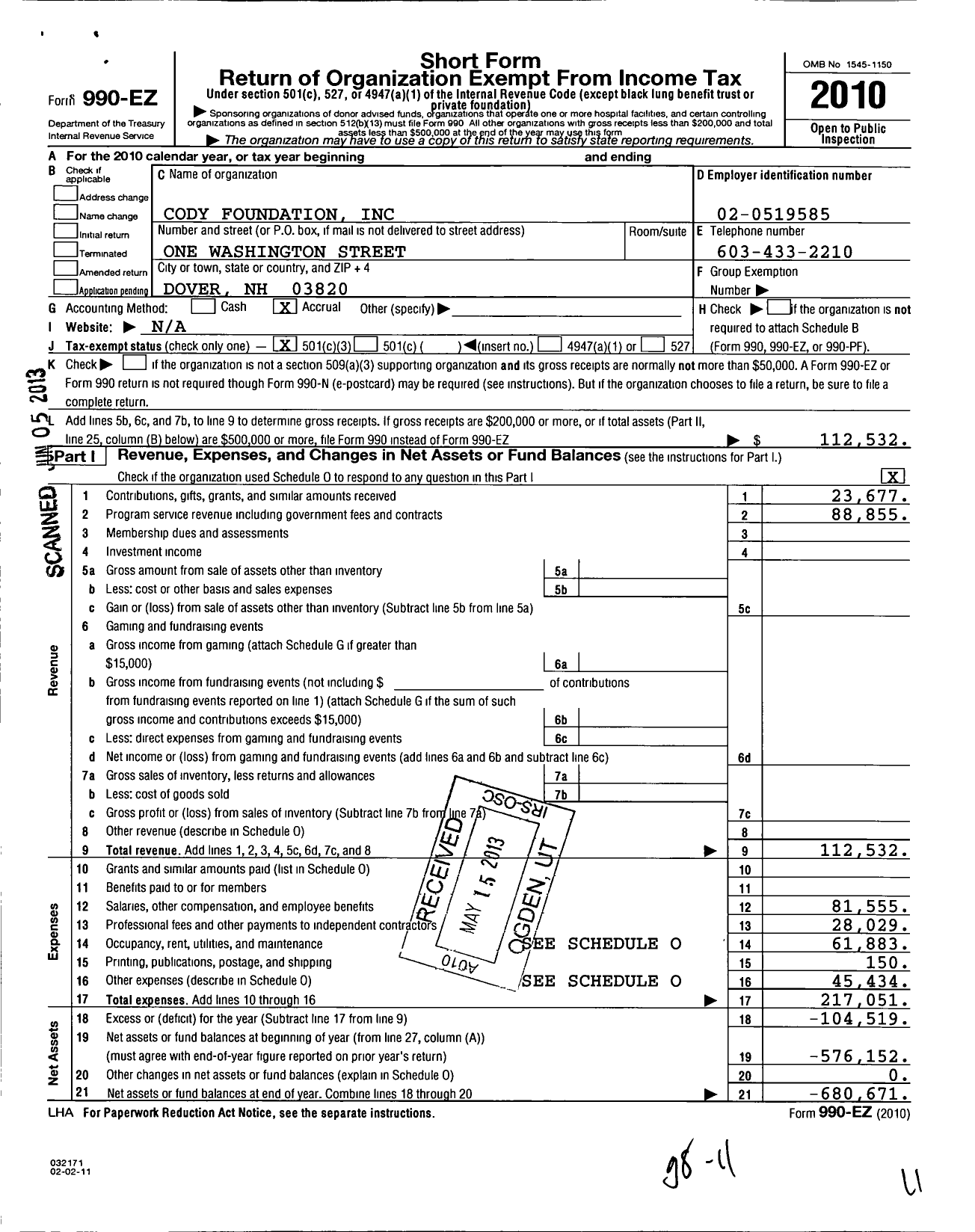 Image of first page of 2010 Form 990EZ for Cody Foundation