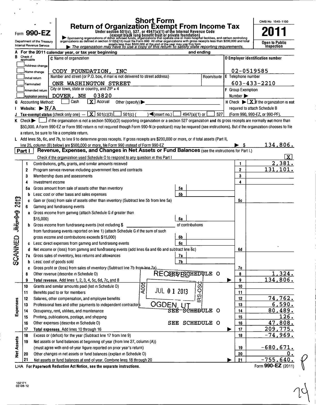 Image of first page of 2011 Form 990EZ for Cody Foundation