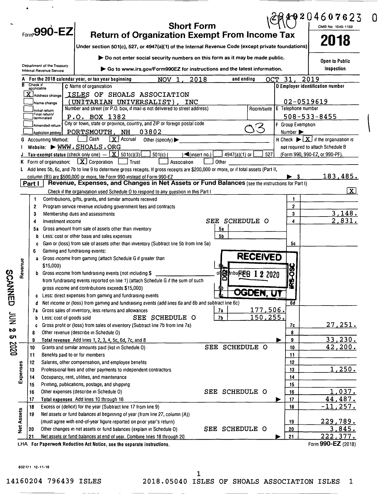 Image of first page of 2018 Form 990EZ for Isles of Shoals Association Unitarian Universalist