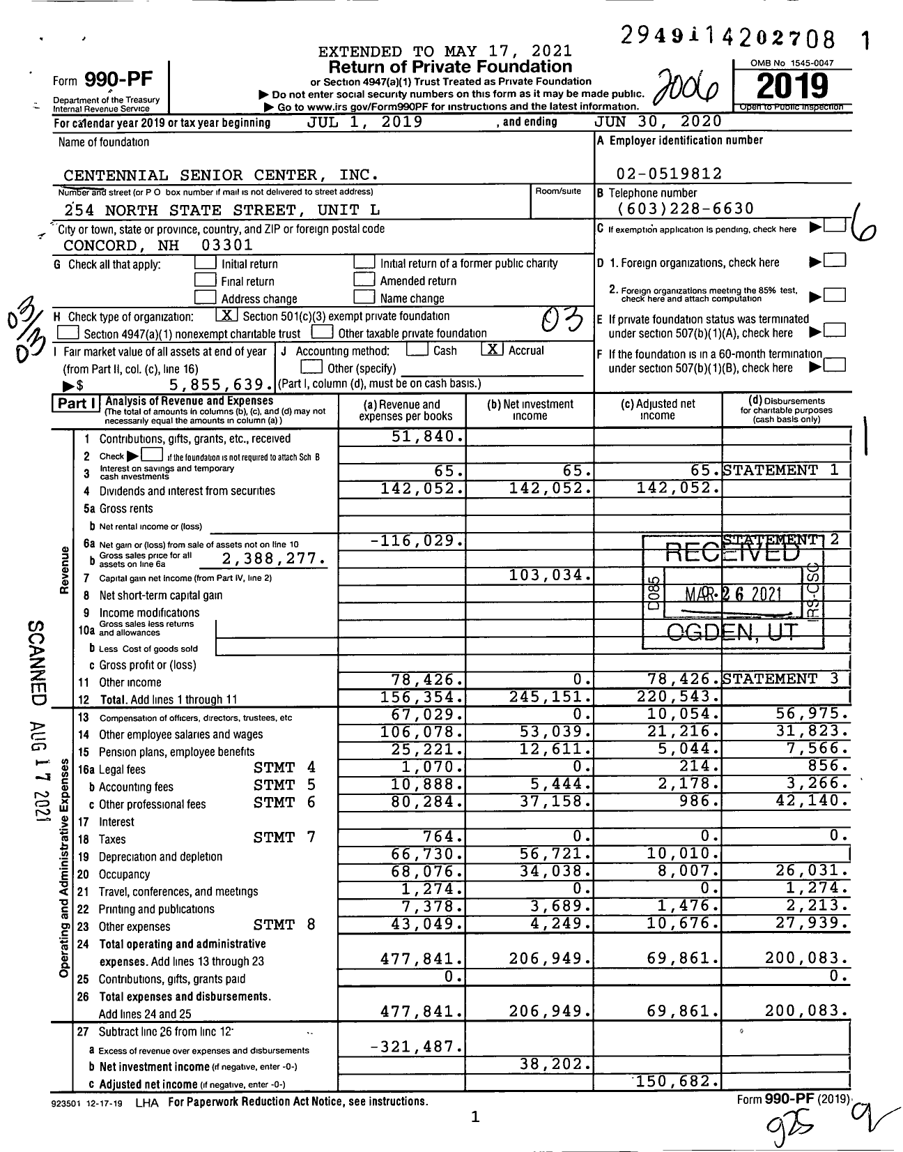 Image of first page of 2019 Form 990PF for Centennial Senior Center