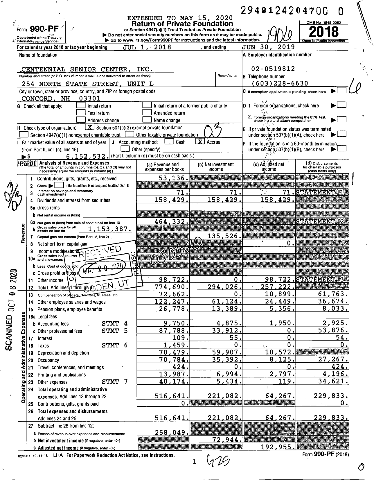 Image of first page of 2018 Form 990PR for Centennial Senior Center