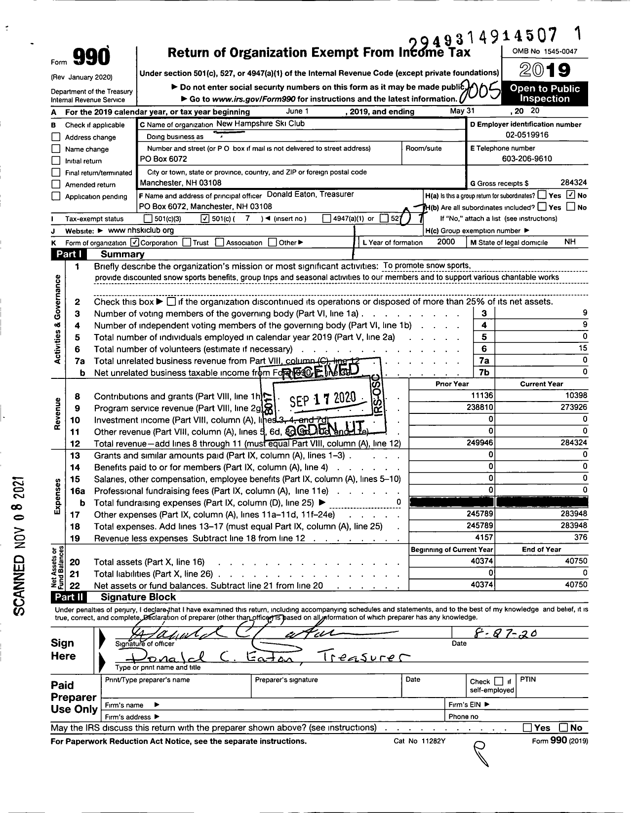 Image of first page of 2019 Form 990O for New Hampshire Ski Club