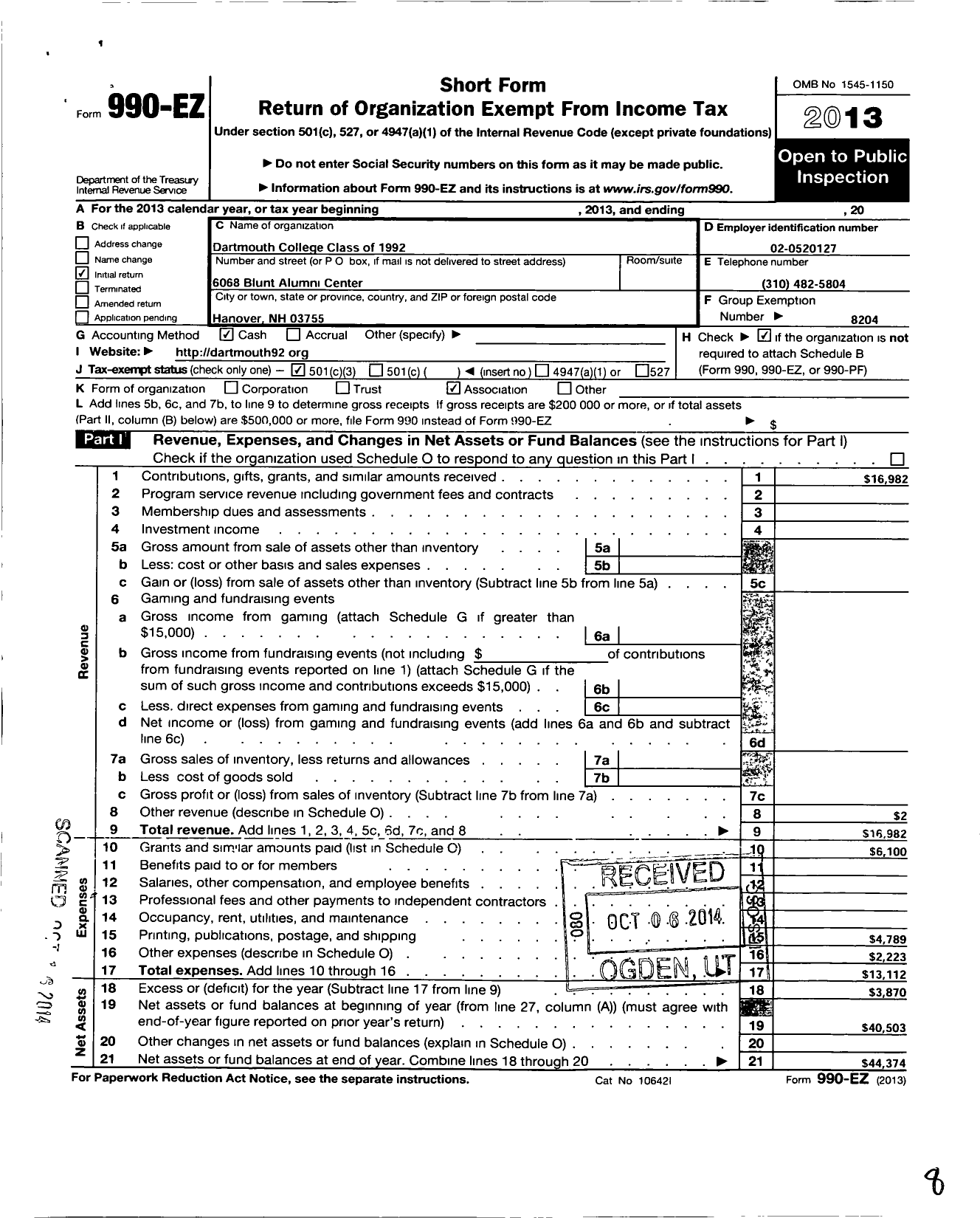 Image of first page of 2013 Form 990EZ for Trustees of Dartmouth College - Dartmouth College Class of 1992