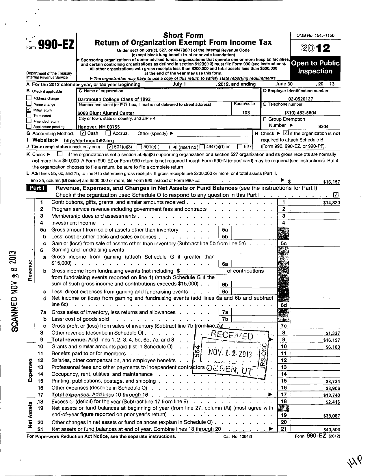 Image of first page of 2012 Form 990EZ for Trustees of Dartmouth College - Dartmouth College Class of 1992