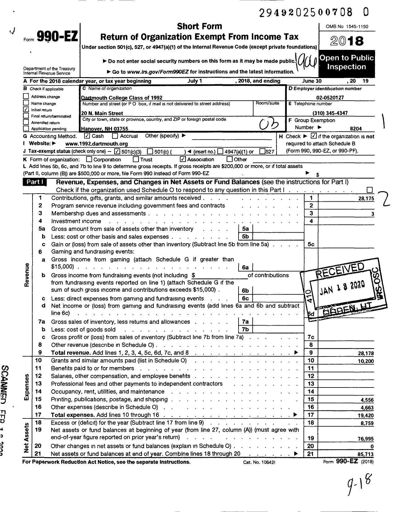 Image of first page of 2018 Form 990EZ for Trustees of Dartmouth College - Dartmouth College Class of 1992