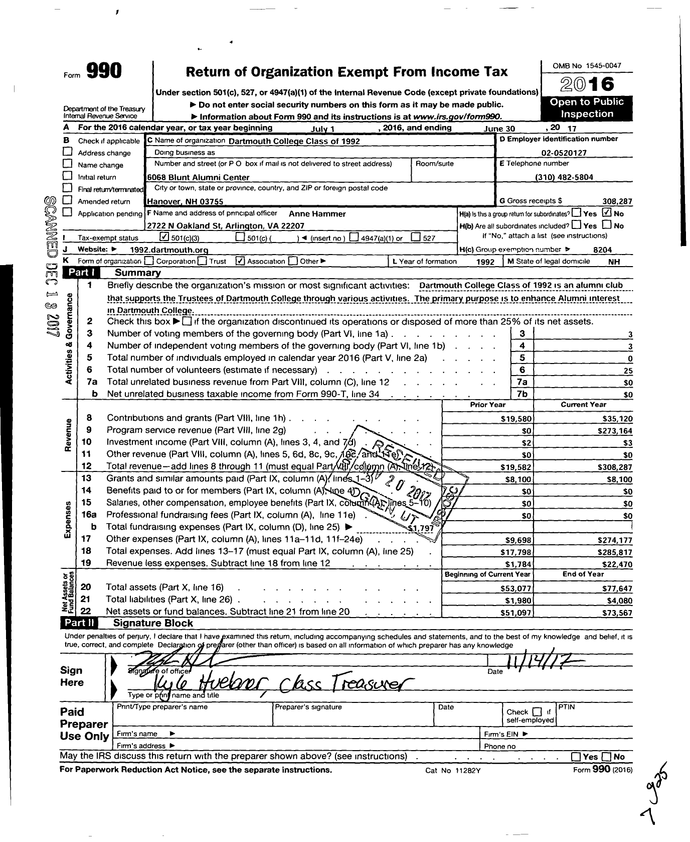 Image of first page of 2016 Form 990 for Trustees of Dartmouth College - Dartmouth College Class of 1992