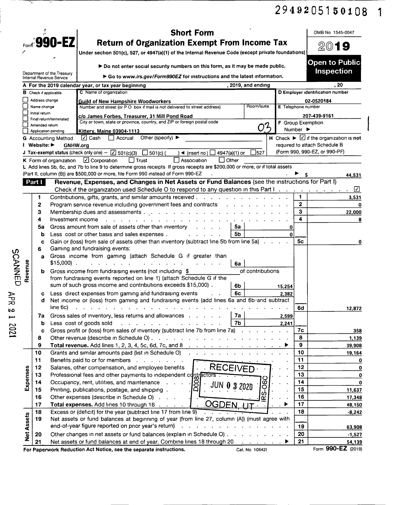 Image of first page of 2019 Form 990EZ for Guild of New Hampshire Woodworkers