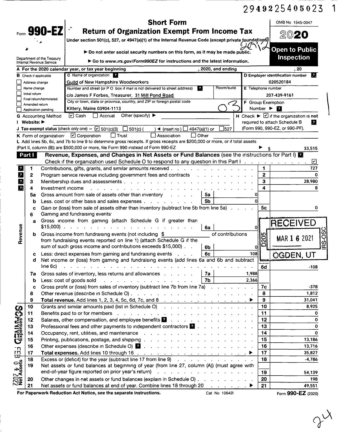 Image of first page of 2020 Form 990EZ for Guild of New Hampshire Woodworkers