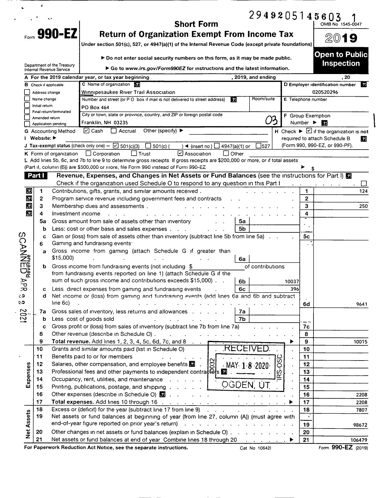 Image of first page of 2019 Form 990EZ for Winnipesaukee River Trail Association