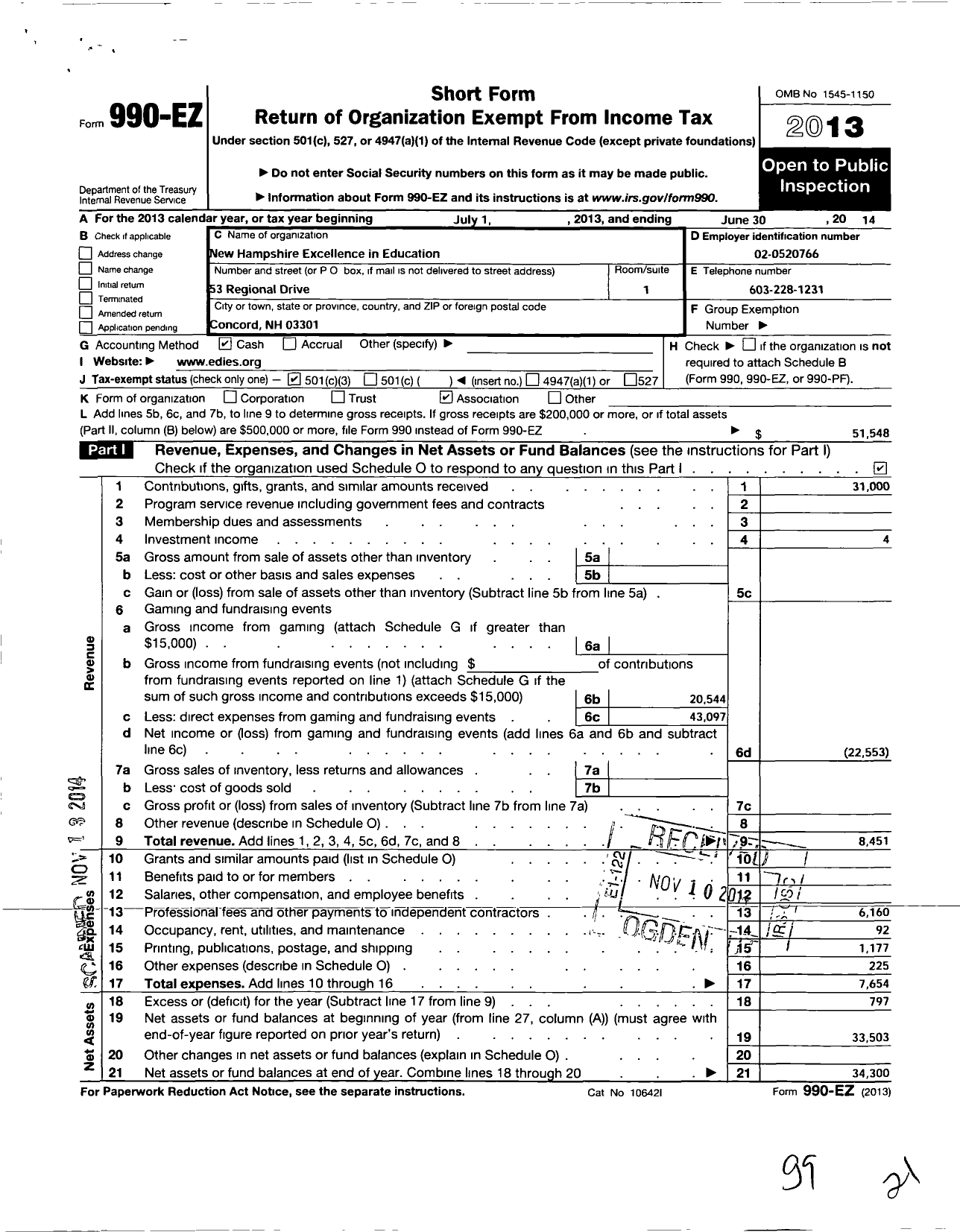 Image of first page of 2013 Form 990EZ for New Hampshire Excellence in Education Awards