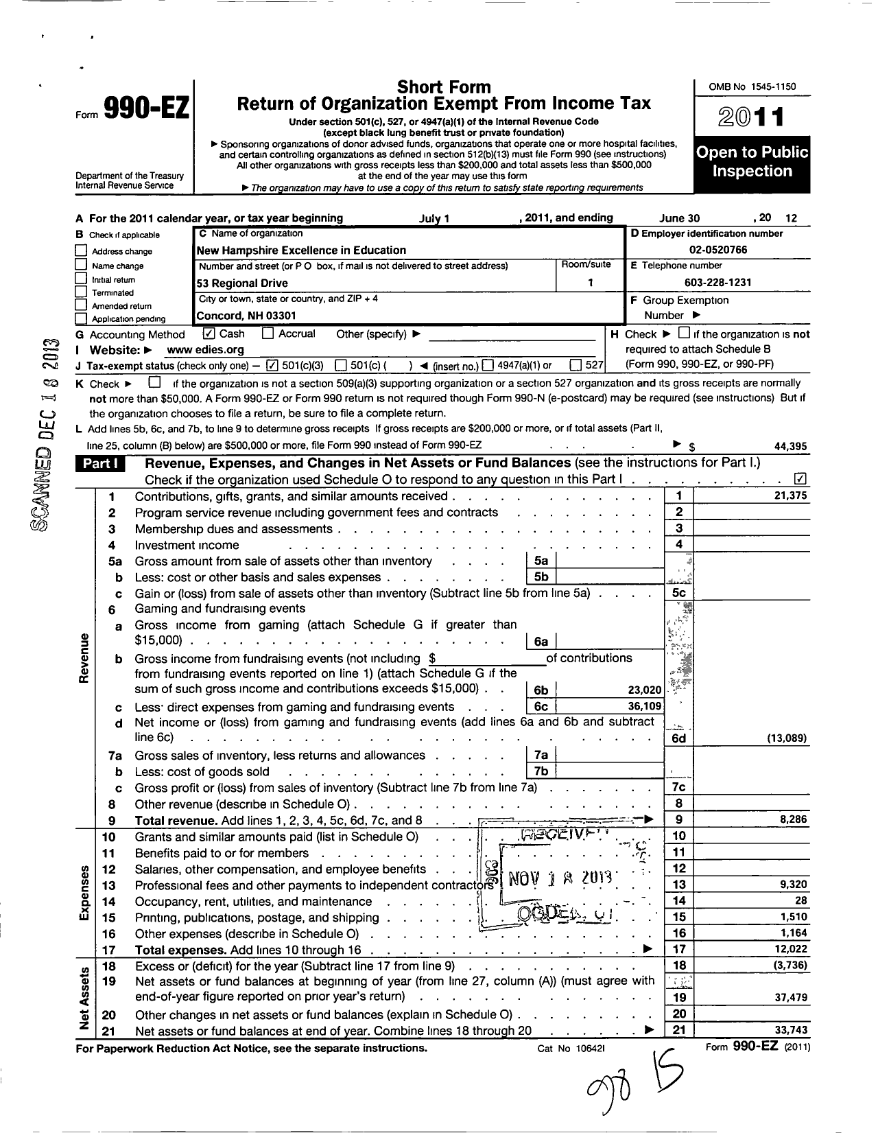 Image of first page of 2011 Form 990EZ for New Hampshire Excellence in Education Awards