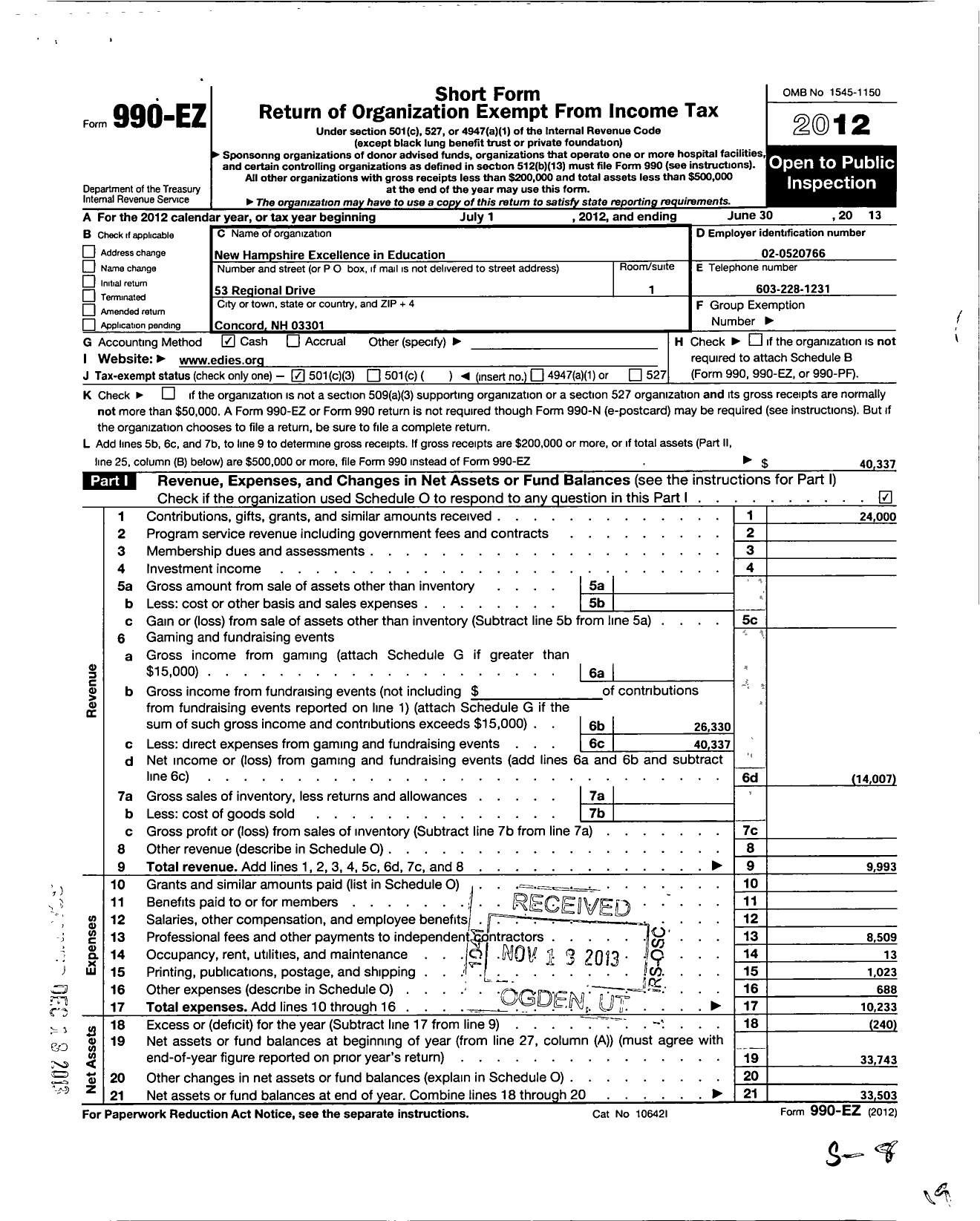 Image of first page of 2012 Form 990EZ for New Hampshire Excellence in Education Awards