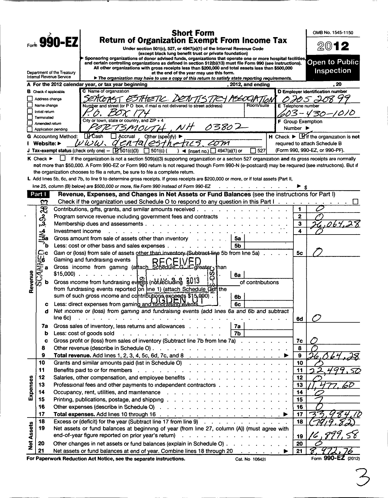 Image of first page of 2012 Form 990EZ for Seacoast Esthetic Dentistry Associations